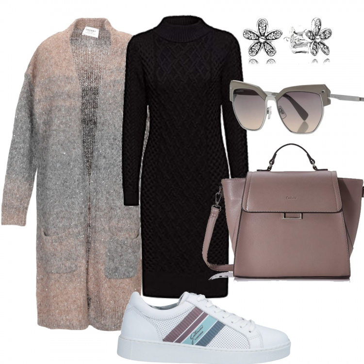 Outfit mujer - Sporty chic. Estilo Basic para Todos los días. Combinación con vestidos, bolsos de hombro, pendientes, sneakers, jerséis, gafas de sol y monturas para gafas graduadas.