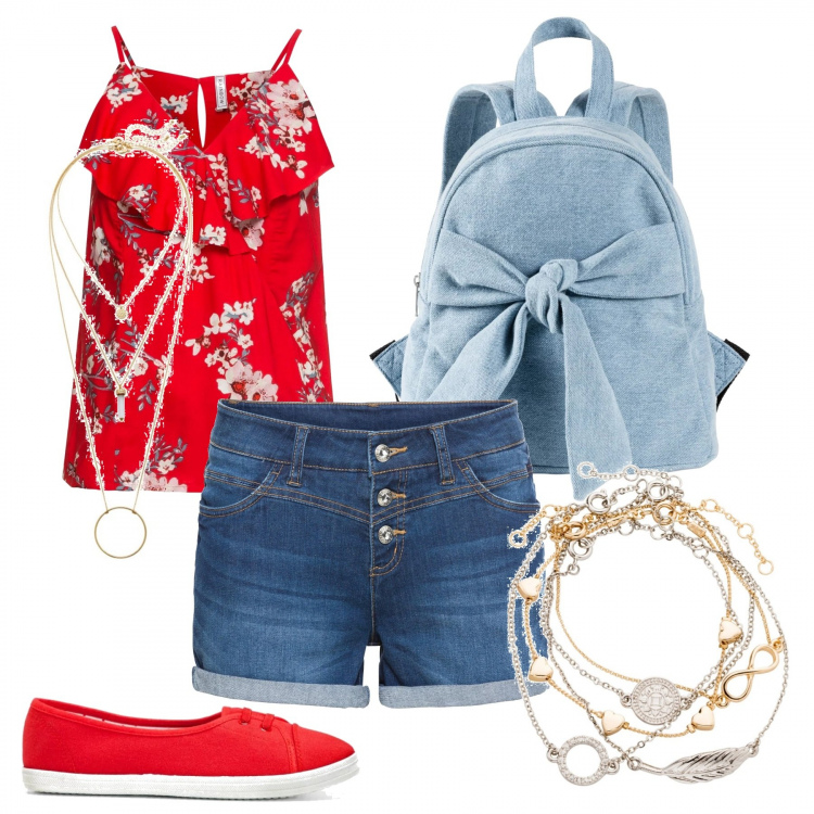 Outfit donna - Estate bonprix. Stile Basic per Tutti i giorni. Abbinamento con shorts, braccialetti con ciondoli, blazer, ballerine, zaini, ciondoli.