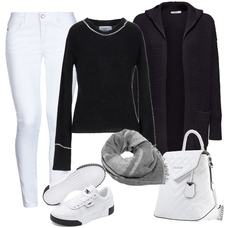 Outfit mujer - Basic #7666. Estilo Basic para Todos los días. Combinación con sneakers nero, cárdigan, bufandas, zaino in pelle, pullover con strass 70% lana, vaqueros.