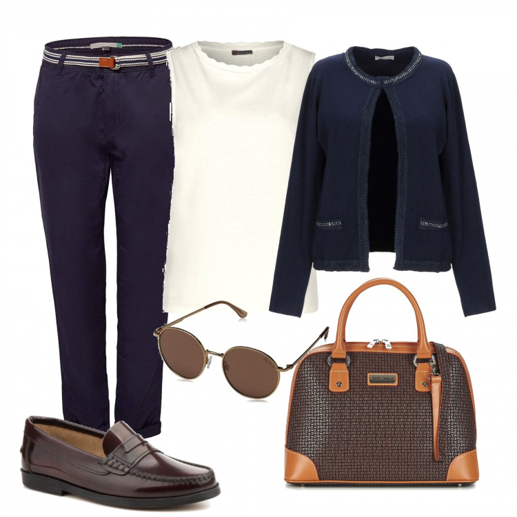 Outfit mujer - Chic #7429. Estilo Chic para Oficina. Combinación con camiseta sin mangas, pantalone navy, gafas de sol y monturas para gafas graduadas, bolsos de mano, scarpe stringate, jerséis.
