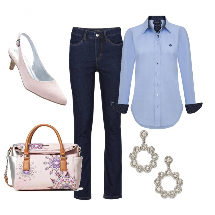 Outfit donna - Chic con jeans e camicia. Stile Trendy per Ufficio. Abbinamento con jeans, décolleté, orecchini, camicia con polsini, borsa a mano rosa.