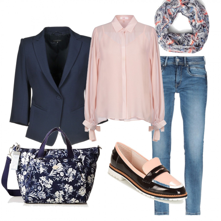 Outfit mujer - En azul y rosa. Estilo Urban para Todos los días. Combinación con bolsos de mano, sciarpa, mocasines, pantalone in denim, camisas, giacca effetto acetato.