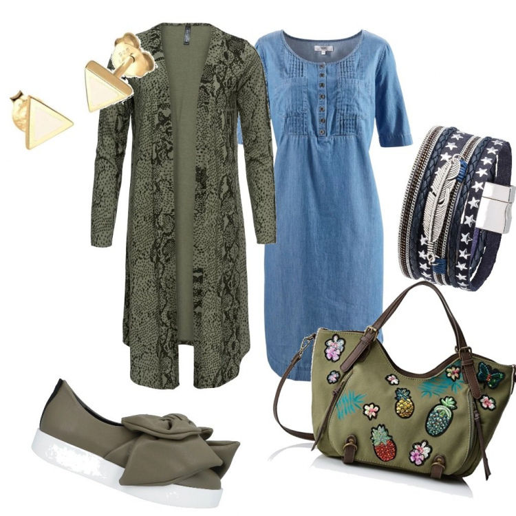 Outfit femme - Python jeans. Style Tendance pour Tous les jours. Assortir avec robes mi-longues/au genou, gilets sans manche, bracelets, sneakers, shoppers et shopping bags, boucles d'oreilles.