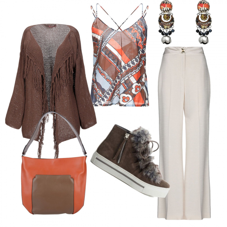 Outfit mujer - Sneackers con elegancia. Estilo Trendy para Todos los días. Combinación con botines, top multicolore, pantalone, de punto, pendientes, borsa a tracolla.