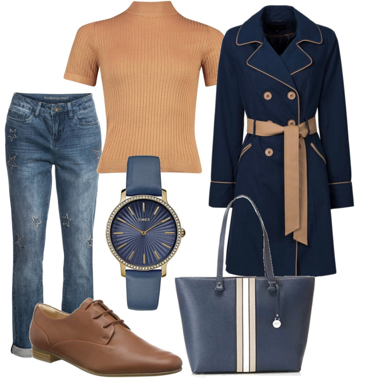 Outfit donna - Basic #7688. Stile Basic per Tutti i giorni. Abbinamento con trench, jeans boyfriend, shorts petite, borse a spalla, scarpe stringate, orologi analogici.