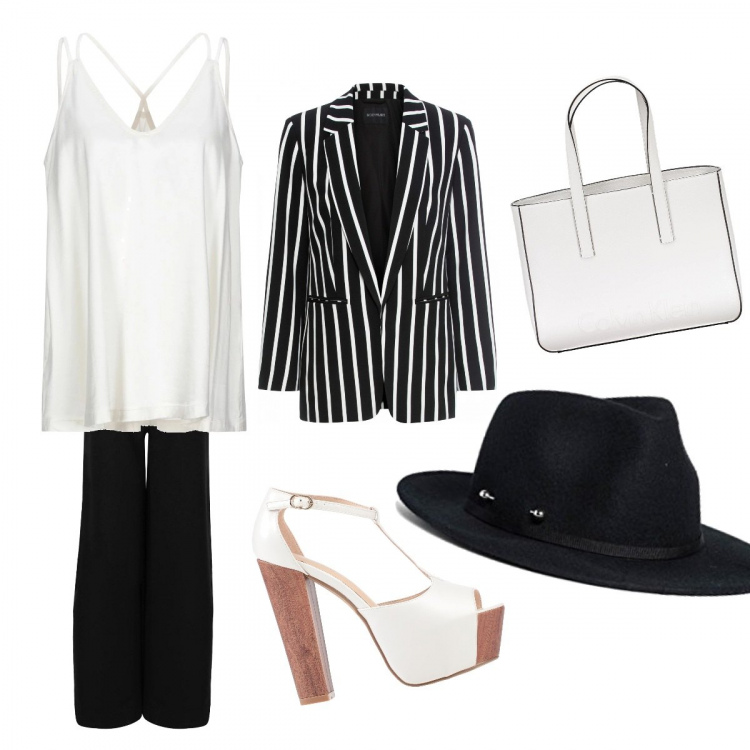 Outfit donna - Urban #6431. Stile Urban per Ufficio. Abbinamento con blazer, top, sandali con tacco, cardigan, shopping bag, cappello.