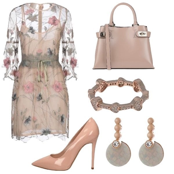 Outfit mujer - Girly de fiesta. Estilo Bon Ton para Ceremonia. Combinación con anillos, pendientes, zapatos de tacón, vestido corto, borsa a tracolla.