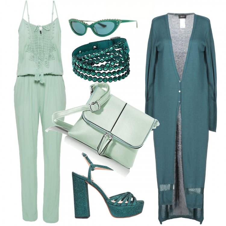 Outfit femme - Total look Green fashion. Style Tendance pour Soirée dehors. Assortir avec combinaisons, pulls et cardigans, sacs en bandoulière, sandales à talon, bracelets, lunettes de soleil et montures pour lunettes de vue.
