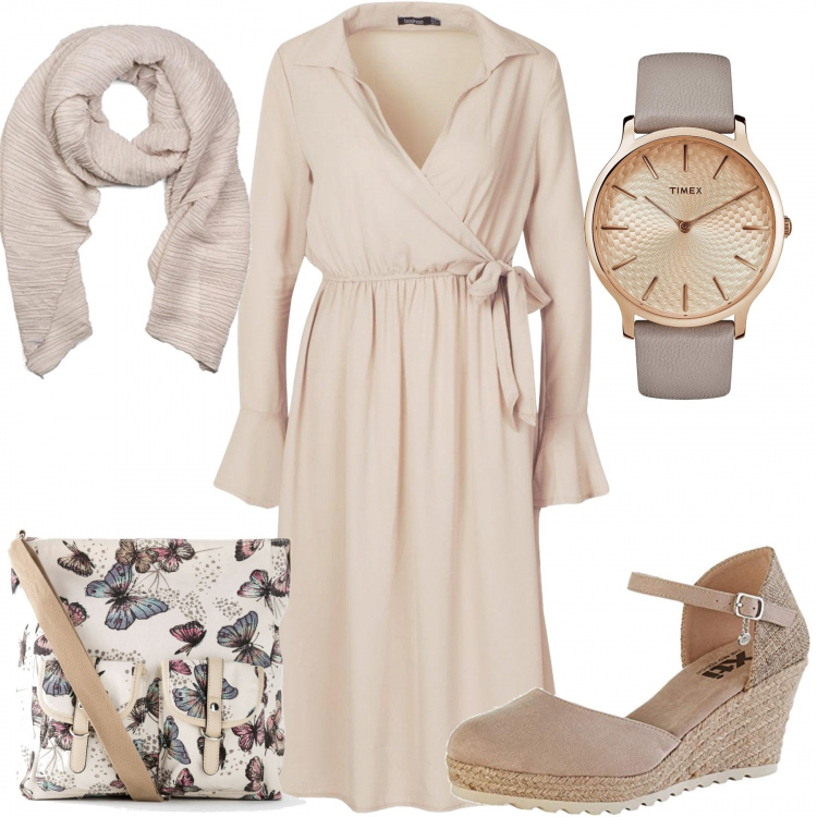 Outfit donna - In beige. Stile Bon Ton per Tutti i giorni. Abbinamento con borse a tracolla, vestito longuette/midi, sandali, orologio analogico con cinturino, sciarpe.