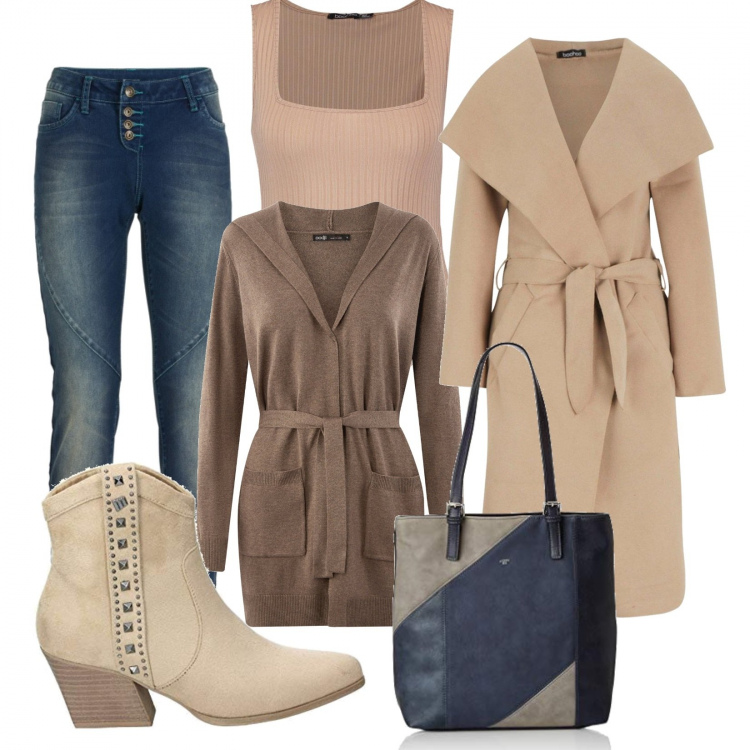 Outfit donna - Trendy #13448. Stile Trendy per Tutti i giorni. Abbinamento con jeans boyfriend, body beige, cappotti, cardigans, borse a mano, stivaletti.