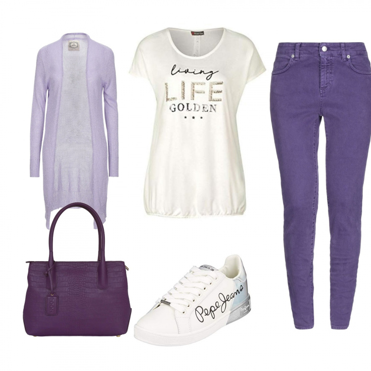 Outfit mujer - Bon Ton #5953. Estilo Bon Ton para Todos los días. Combinación con top multicolore e bianco, sneakers, bolsos de mano, cárdigans, pantalone in denim.