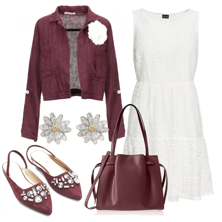 Outfit donna - Basic #7777. Stile Basic per Tutti i giorni. Abbinamento con blazer, orecchini, vestiti, sandali pelle, borse a spalla.