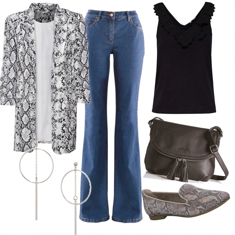 Outfit femme - Momocassin. Style Tendance pour Tous les jours. Assortir avec vestes, blazers et manteaux, jean bootcut, boucles d'oreilles, mocassins et chaussures à lacets, tops et blouses, sacs à bandoulière et portés à l'épaule.