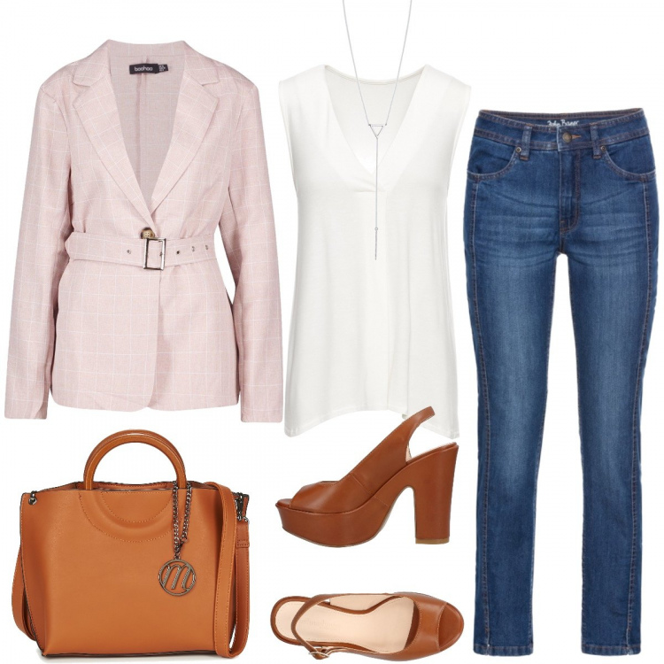 Outfit donna - Inspiration look Jessica Alba. Stile Basic per Tutti i giorni. Abbinamento con top, jeans, sandali, blazer, borsa a mano, collane.