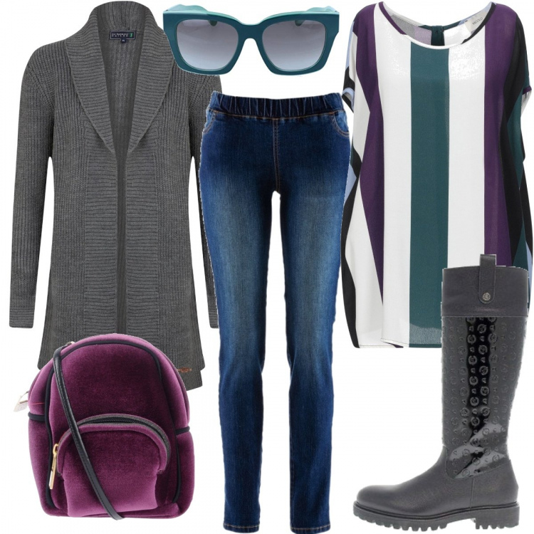 Outfit donna - Casual in jeggings. Stile Trendy per Tutti i giorni. Abbinamento con treggings, bluse, borsa messenger, stivali, cardigan, occhiali da sole.