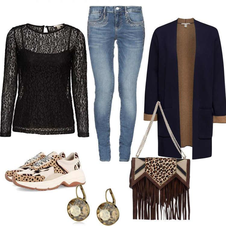 Outfit femme - Tendance #13530. Style Tendance pour Tous les jours. Assortir avec pulls et cardigans, t-shirt, sacs à l'épaule, sneakers, jean slim, boucles d'oreilles.