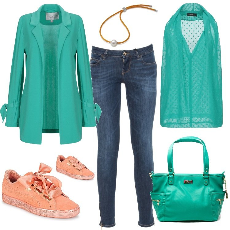 Outfit donna - Verde e arancio. Stile Basic per Tutti i giorni. Abbinamento con top, blazer, sneakers, borsa a spalla, jeans, braccialetti.