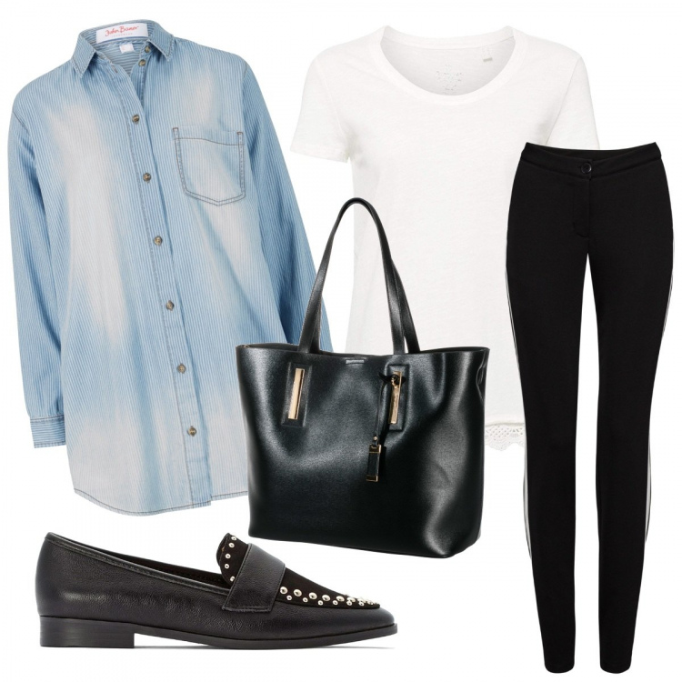 Outfit femme - Walking girl. Style Basique pour Tous les jours. Assortir avec pantalons longs, chemisiers, sac cabas, mocassins et chaussures à lacets, t-shirts et polos.