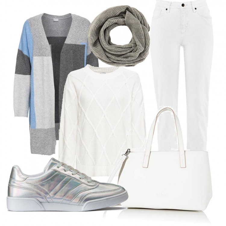 Outfit femme - White. Style Basique pour Tous les jours. Assortir avec pulls et cardigans, jeans, robes, sneakers, sac cabas, foulards et écharpes.