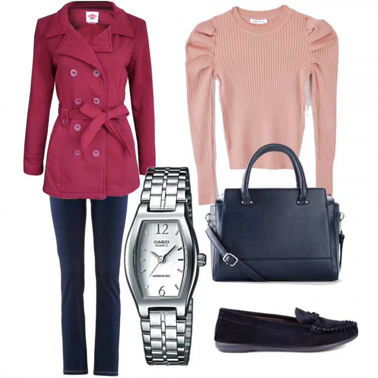 Outfit donna - Urban #6516. Stile Urban per Tutti i giorni. Abbinamento con jeans dritti, portafogli, maglia, scarpe blu, cappotti, orologi analogici.