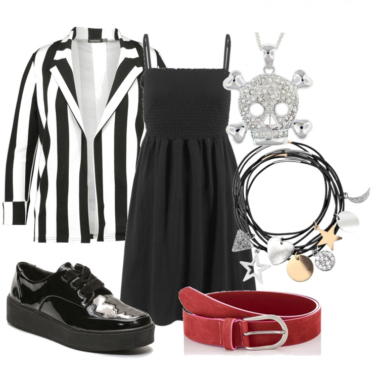 Outfit donna - Rock. Stile Rock per Tutti i giorni. Abbinamento con vestiti, felpe, blazer, sneakers nero, collana, cintura.