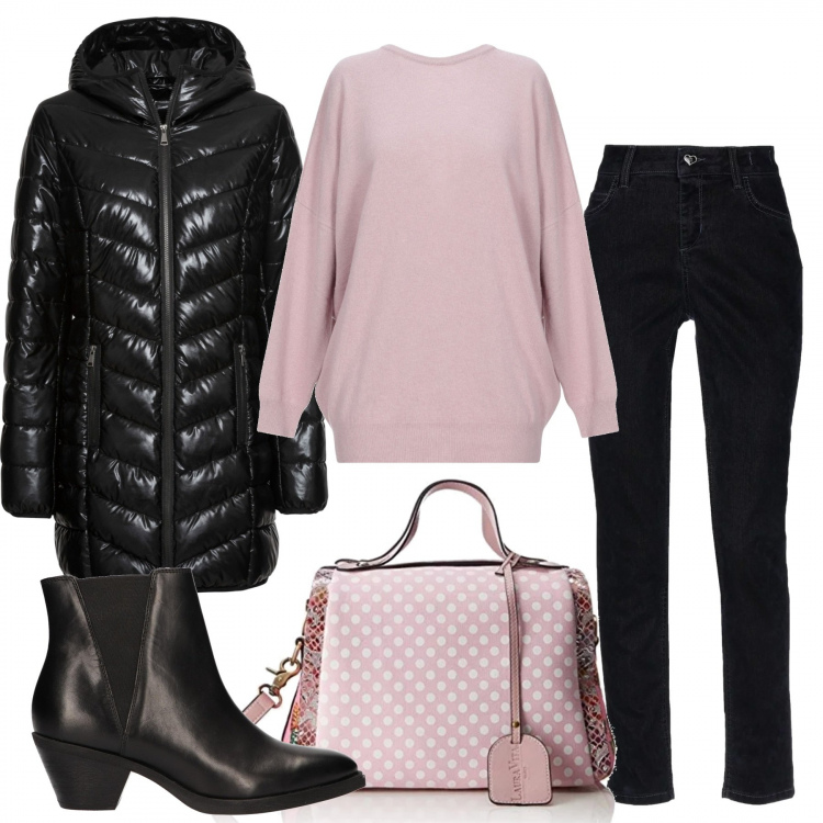 Outfit donna - Quel tocco di rosa. Stile Basic per Ufficio. Abbinamento con pantaloni, pullover, giacche, borse a spalla, stivali.