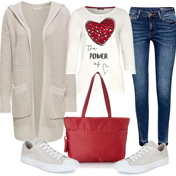 Outfit mujer - Un toque rojo. Estilo Basic para Todos los días. Combinación con maglietta multicolore e bianco, cárdigans, vaqueros pitillo, borsa a tracolla, sneakers effetto metallizzato.