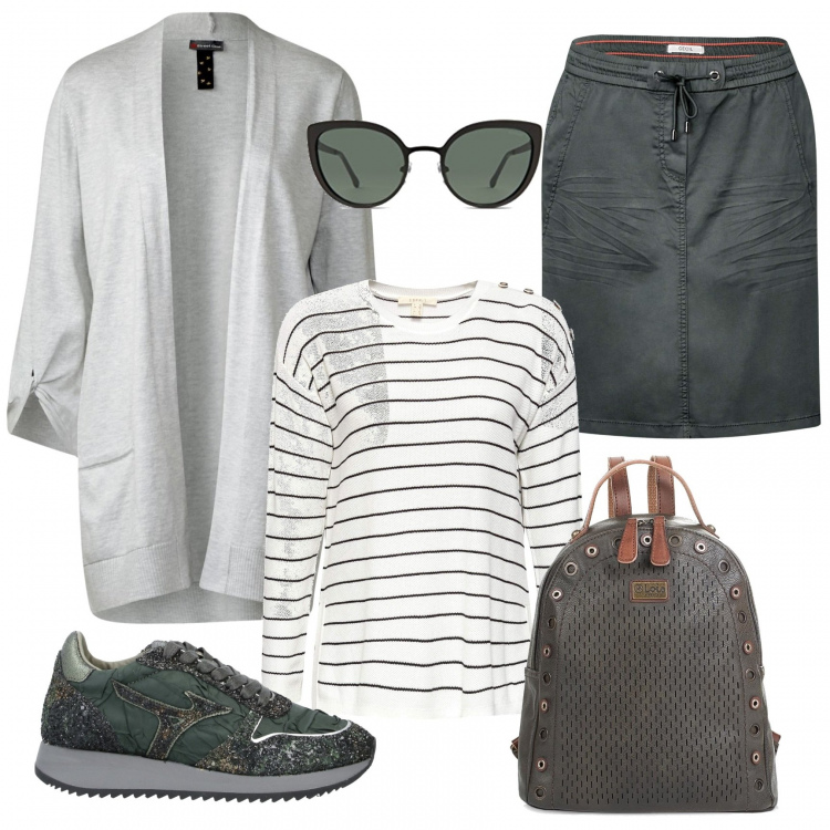 Outfit mujer - Basic #7889. Estilo Basic para Escuela/Universidad. Combinación con gonna verde, cárdigan, jerséis, gafas de sol y monturas para gafas graduadas nero, zaino verde, sneakers.
