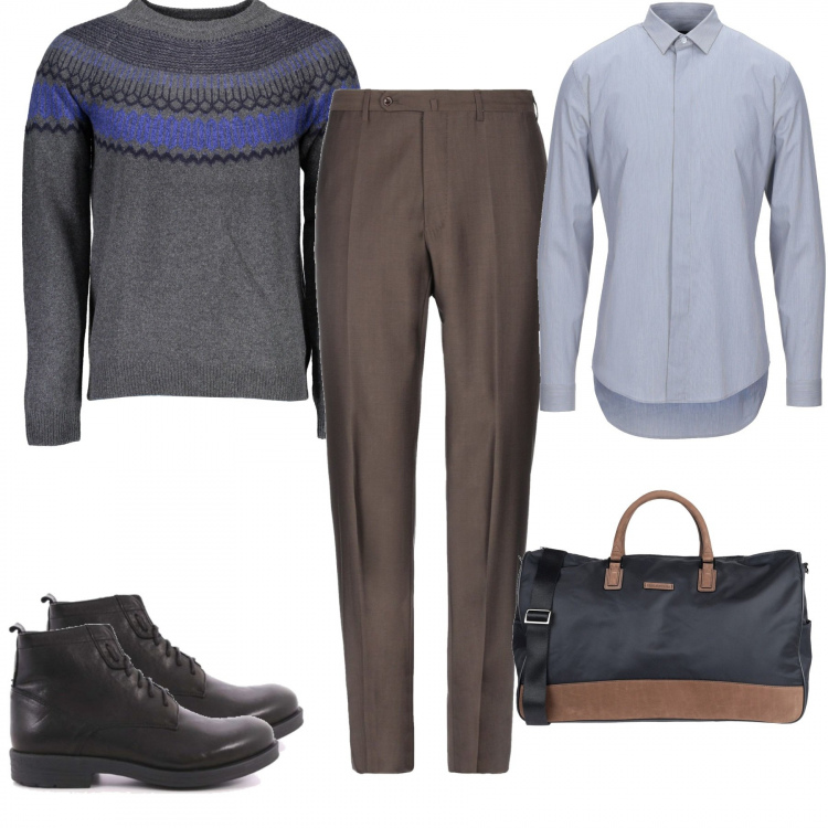Outfit uomo - Maglione preppy. Stile Trendy per Ufficio. Abbinamento con pantalone lungo, camicia, borsone, stivali e stivaletti, maglioni.