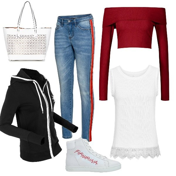 Outfit donna - Curvy sportiva low cost. Stile Urban per Tutti i giorni. Abbinamento con sneakers alte, borse a tracolla, blazer, jeans skinny, crop top a maniche lunghe rosso, shopping bag.