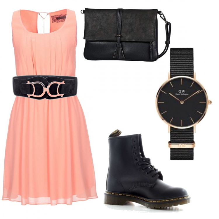 Outfit donna - Un rock bon ton. Stile Rock per Tutti i giorni. Abbinamento con cinture, vestiti corti, anfibi, orologio wellington con cinturino nero e oro, borsa a tracolla.