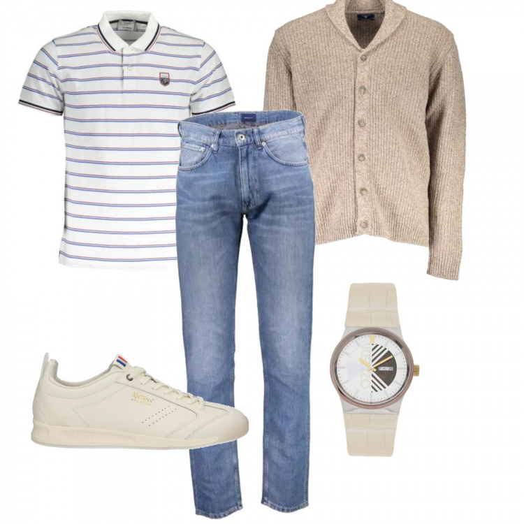 Outfit uomo - Primavera. Stile Casual per Tutti i giorni. Abbinamento con orologio, sandali, cardigans, jeans, polo.