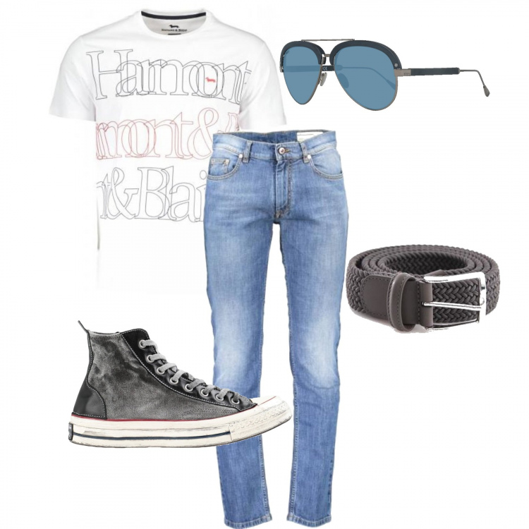 Outfit uomo - Harmont & Blaine T-shirt. Stile Urban per Tutti i giorni. Abbinamento con cinture, sneakers, occhiali da sole, jeans, t-shirt.