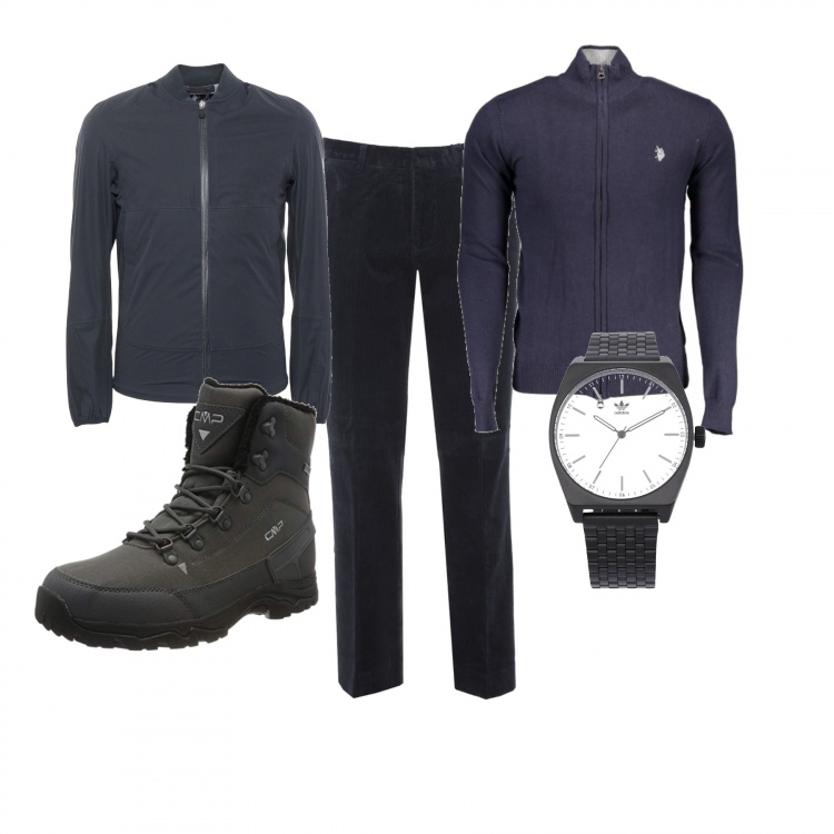 Outfit uomo - Fare il pubblico a ce posta per te. Stile Urban per Serata speciale. Abbinamento con giubbotto, orologi, stivali da neve, cardigan, pantalone lungo.