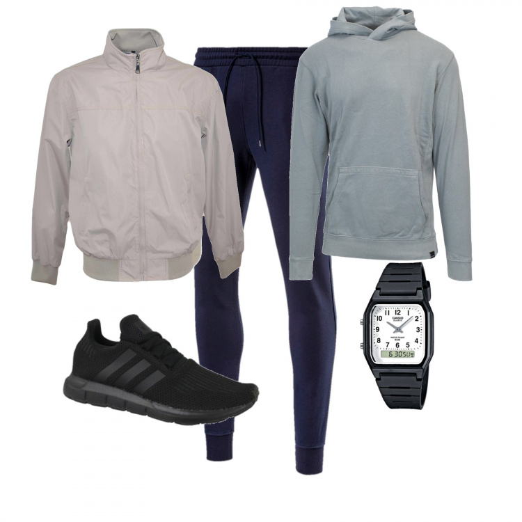 Outfit uomo - A correre al parco. Stile Urban per Tutti i giorni. Abbinamento con scarpe nero, giubbotto, felpa, pantalone, orologi.