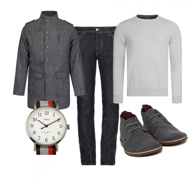 Outfit uomo - Pausa caffè in studio. Stile Urban per Tutti i giorni. Abbinamento con jeans, giubbotto marrone, pullovers, stivaletti, orologi.