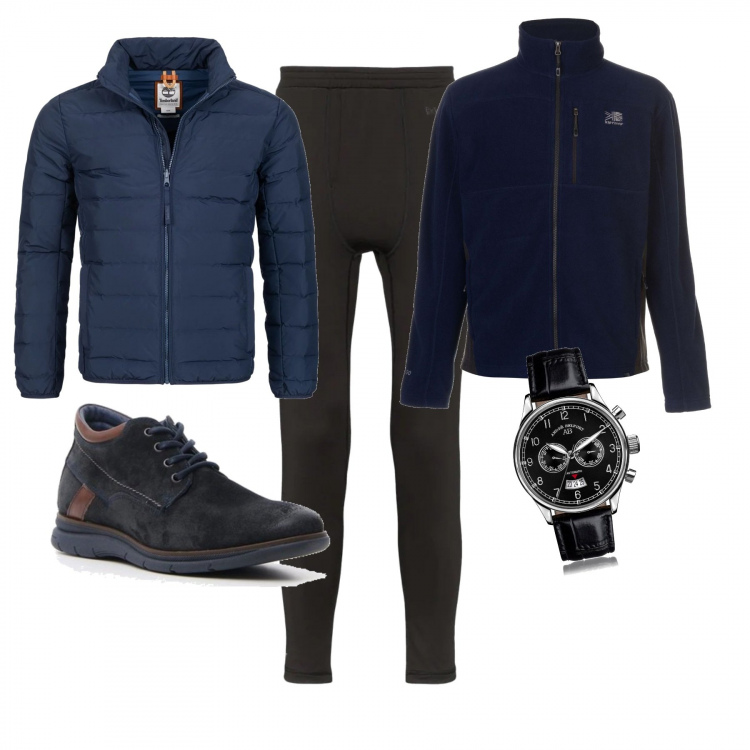 Outfit uomo - Dal Dentista. Stile Urban per Tutti i giorni. Abbinamento con stivaletti, leggings con stampa crop, orologio con cinturino nero, piumino, maglia.