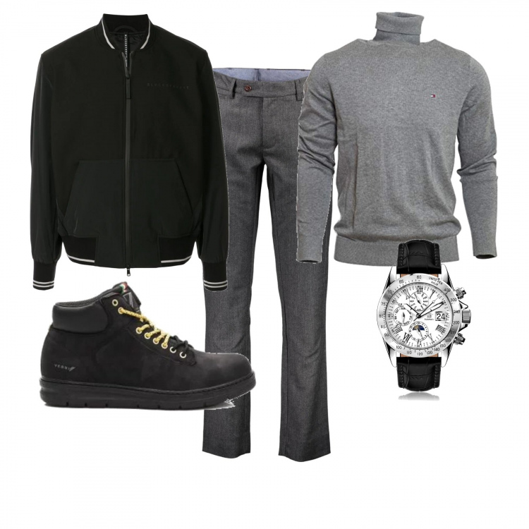 Outfit uomo - Pausa pranzo. Stile Urban per Ufficio. Abbinamento con pantaloni, bomber, orologio con cinturino nero e argento e bianco, felpa, stivali.