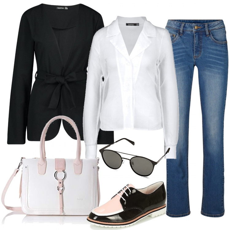 Outfit donna - Monday style fuori ufficio. Stile Basic per Ufficio. Abbinamento con jeans dritti, blazer, camicia, scarpe stringate, borse a tracolla, occhiali da sole.