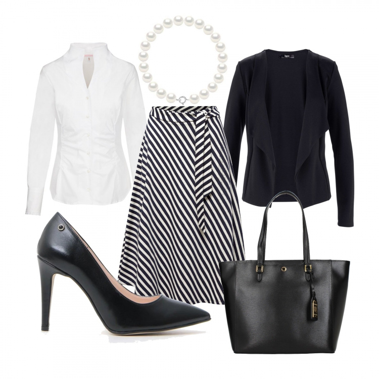 Outfit donna - Appuntamento fuori sede. Stile Chic per Ufficio. Abbinamento con blazer, borsa a spalla, gonne longuette, camicie, décolleté, ciondolo.