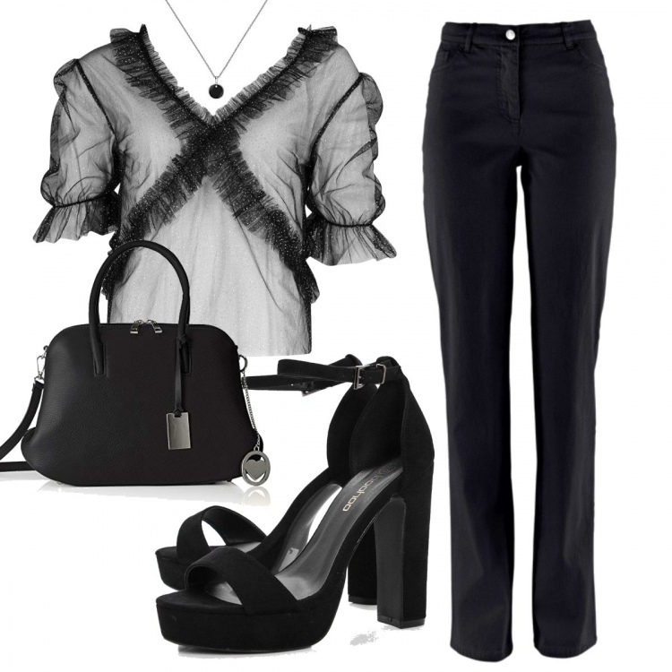 Outfit donna - Total black. Stile Urban per Cerimonia. Abbinamento con pantaloni, camicetta con volant a rete nero, scarpe col tacco, collane, borse a mano.