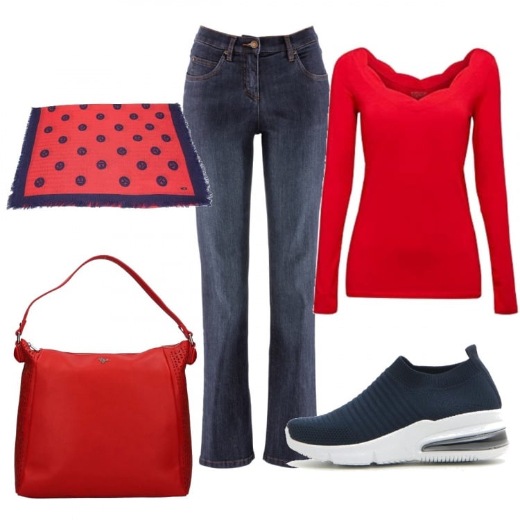 Outfit donna - Al supermercato. Stile Basic per Tutti i giorni. Abbinamento con jeans dritti, borsa a mano, sciarpa rosso, sneakers, pullovers.