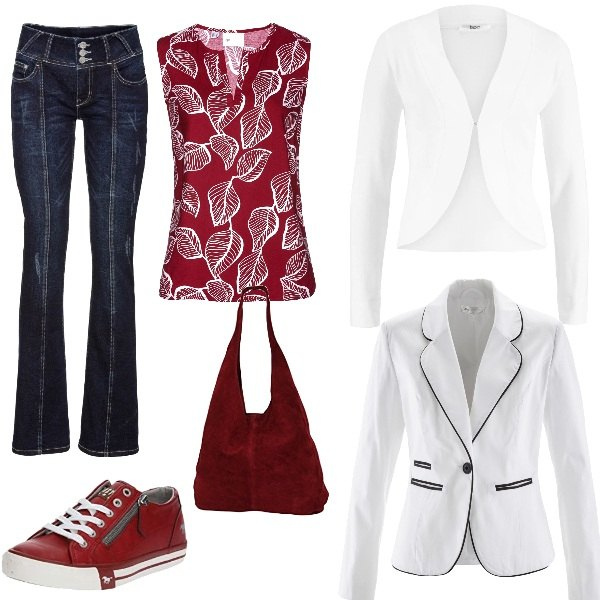 Outfit donna - In giro per shopping. Stile Urban per Tutti i giorni. Abbinamento con jeans bootcut, top, blazer, blazer, scarpa sportiva, pochette.