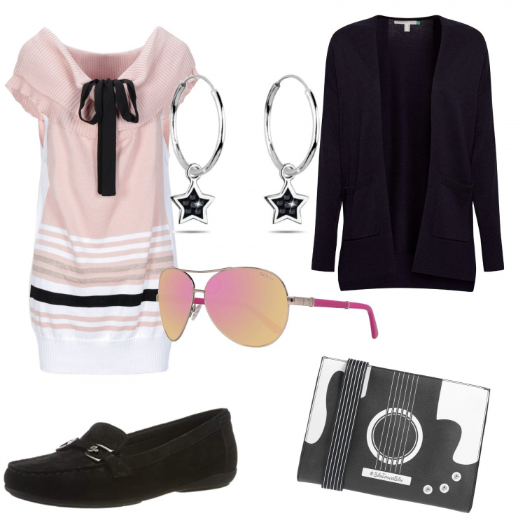 Outfit donna - Passeggiata al lungomare. Stile Trendy per Tutti i giorni. Abbinamento con pullovers, borse a spalla, cardigan, mocassini nero, occhiali da sole, orecchini.
