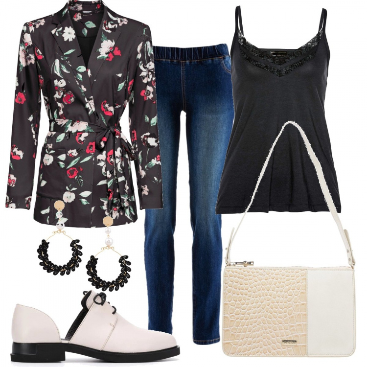 Outfit donna - CURVY STYLE casual ricercato. Stile Trendy per Tutti i giorni. Abbinamento con treggings, jeans, top, borsa a mano, orecchini, mocassini.
