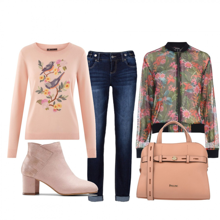 Outfit donna - Basic #7995. Stile Basic per Tutti i giorni. Abbinamento con jeans boyfriend, stivaletti, borsa a mano, bomber, maglioni.