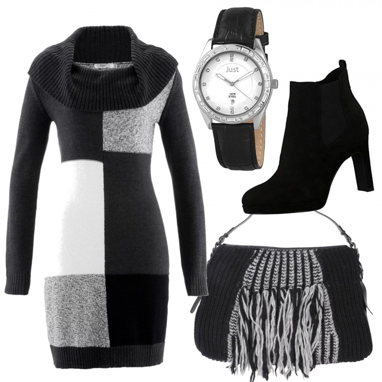 Outfit donna - Sfumature. Stile Trendy per Tutti i giorni. Abbinamento con vestiti midi/longuette, borsa a mano maxi, stivaletti, orologi.