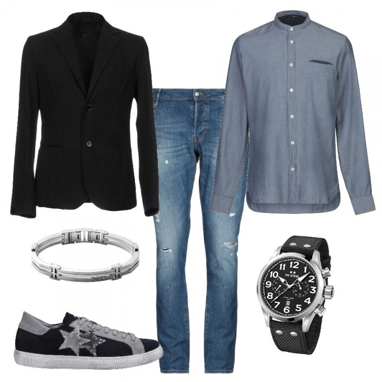 Outfit uomo - Giacca monopetto. Stile Trendy per Ufficio. Abbinamento con sneakers, giacche, camicie, jeans delavé tinta unita, braccialetti, orologio analogico.