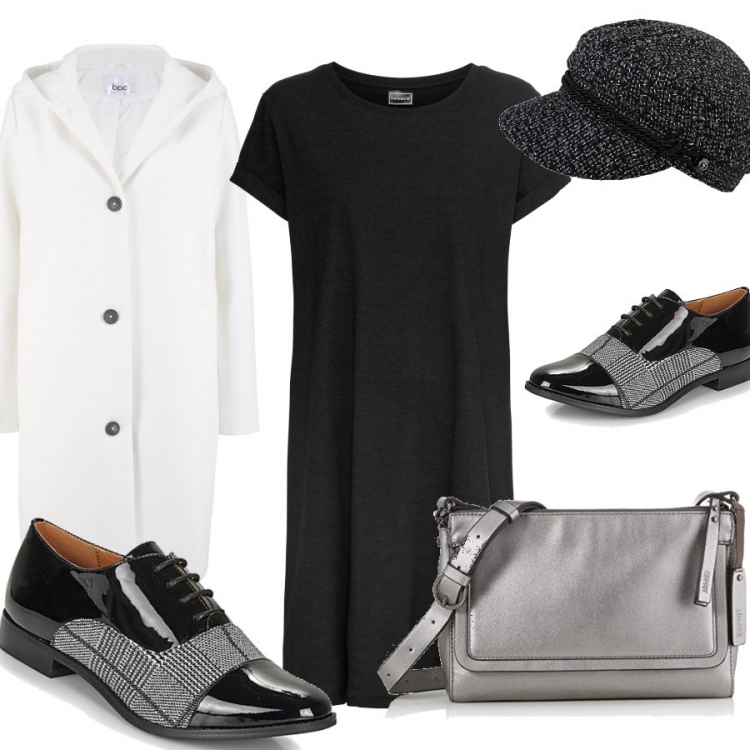 Outfit donna - Trendy #13856. Stile Trendy per Tutti i giorni. Abbinamento con vestiti, cappotto, scarpe stringate, scarpa, cappello con visiera.