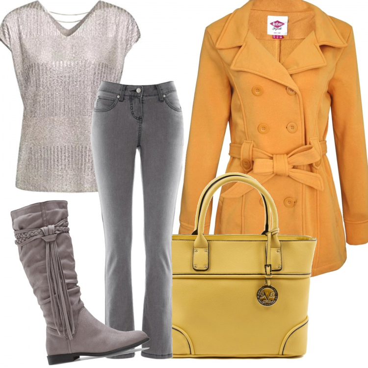 Outfit donna - Bon Ton #6180. Stile Bon Ton per Tutti i giorni. Abbinamento con jeans slim fit, stivali, canottiere, cappotto, borse a mano.
